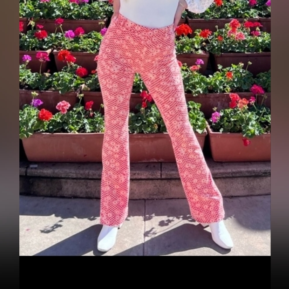 NWT Zara Orange Daisy Printed‎ Flare Pants Side Slit Size M